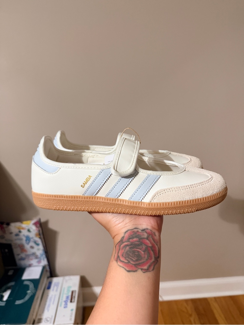 adidas Kids White and Light Blue Samba Mary Jane Sneakers with Gum Sole